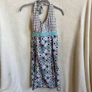 Ascend Sz M Purple Teal Self-Tie Halter Midi Dress Pockets Built-In Bra Smocked